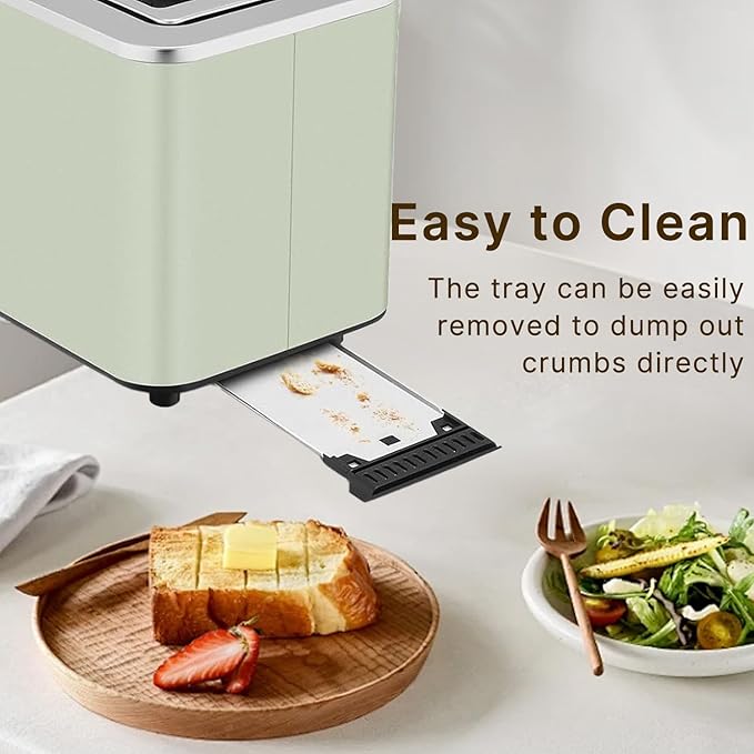 2-Slice Toaster with Touch Control 6 Shade Settings &amp 6 Bread Type 900W Removable Crumb Tray Countdown Display Smart Stainless Steel Design Green