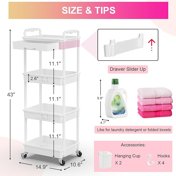 Goovilla 4 Tier Rolling Utility Cart Organizer with Removable Drawer Stable and Sturdy White Rolling Storage Carts with 2 Lockable Wheels for Bathroom Kitchen Snack Craft Makeup Baby Essentials