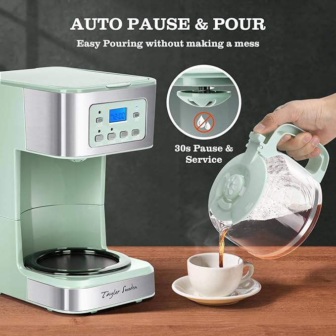 Taylor Swoden 12-Cup Programmable Coffee Maker Regular &amp Strong Brew Drip Coffee Machine for Home and Office Glass Carafe Pause &amp Serve Auto Shut Off Green &amp Stainless Steel