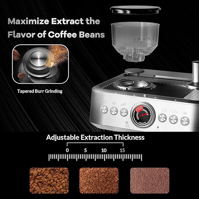 IDEALHOUSE Espresso Machine Stainless Steel Coffee Machine with Built-in Grinder 20 Bar Pressure Espresso Coffee Maker for Home Milk Frother Steam Wand Silver