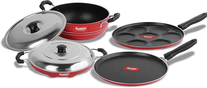 Sumeet 2.6mm Thick Non-Stick Shona Cookware set (Dosa Tawa – 26.5cm Dia + Multi snack maker – 26.5cm Dia + Kadhai With Lid – 1.5Ltr capacity- 20cm Dia + Grill Appam Patra With Lid – 23cm Dia)