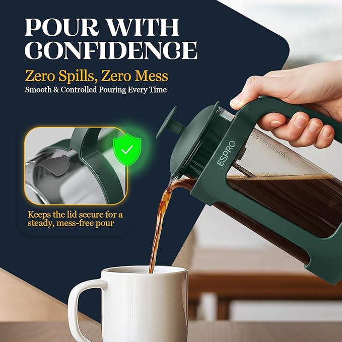 ESPRO P3 French Press Coffee Maker – Patented Double Micro-Filter for Grit-Free Brew Heat Resistant Thicker Borosilicate Glass Coffee Press – Green (32 oz)