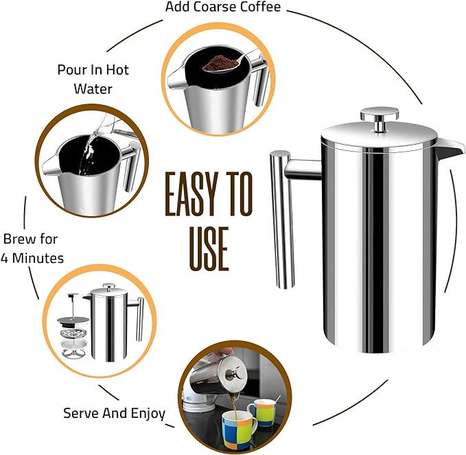 Utopia Kitchen 304 Grade Stainless Steel French Press Coffee Maker 34 Oz Double Wall Insulated Coffee Press with 4-Level Filtration System Include 2 Extra Filters Rust-Free Dishwasher Safe Silver