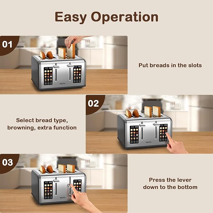 Mecity 4 Slice Toaster with Touch Screen Control 4 Wide Slots Stainless Steel Smart Bread Toaster for Bagels Muffins Waffles Dual Control Panel Timer Defrost Reheat 120V 1650W Pearl Grey