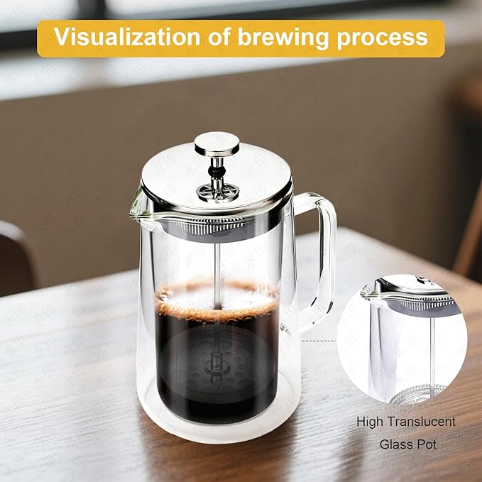 French Press Coffee Maker 34Oz (1 Liter) DoubleWall Insulated Borosilicate Glass Heat-Resistant Design Stainless Steel Filter for Coffee Tea &amp Cold Brew