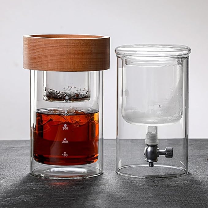 Double Layer Cold Drip Coffee Cold Brew Drip Tower 500ml Ice Cold Brew Dripper Coffee Maker with Flow Rate Regulating Valve High Borosilicate Glass for Coffee Shop Home Office
