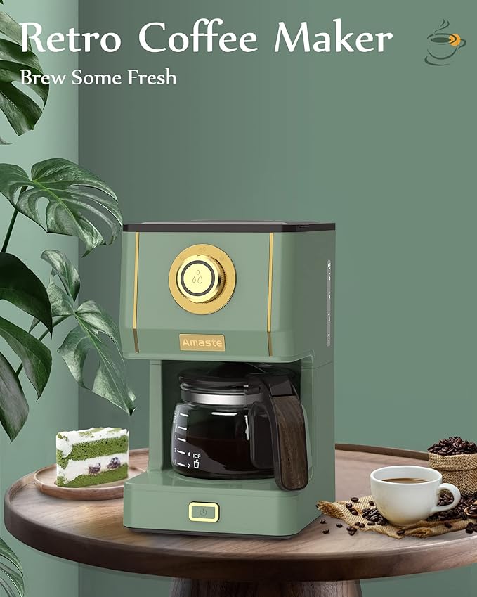Amaste Drip Coffee Maker Coffee Machine with 25 Oz Glass Coffee Pot Retro Style Coffee Maker with Reusable Filter &amp Three Brewing Modes Warming Plate Matcha Green