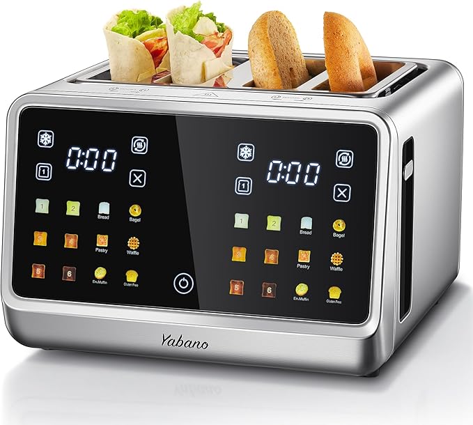 Yabano 4-Slice Toaster with Smart Touch Control 6 Shade Levels &amp 6 Bread Settings Extra Wide Slot for Bagels/English Muffins Compact Design with Removable Crumb Tray