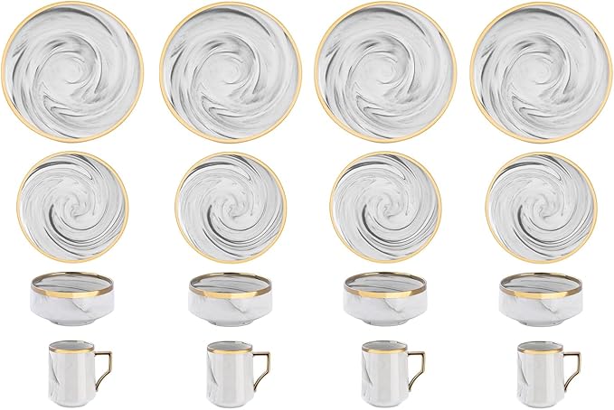 16 Piece Plates and Bowls Sets Fine China Artisan Marbled Dinner Set for 4 Dishwahser Safe Scratch Resistant Grey with Gold Line