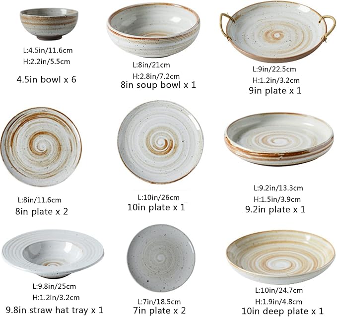 Dinnerware Sets Porcelain Bowls and Plates Sets Ceramic Dinnerware Set Retro 16 Pcs Stoneware Dishes Set for 4 Plate/Bowl Tableware Comb