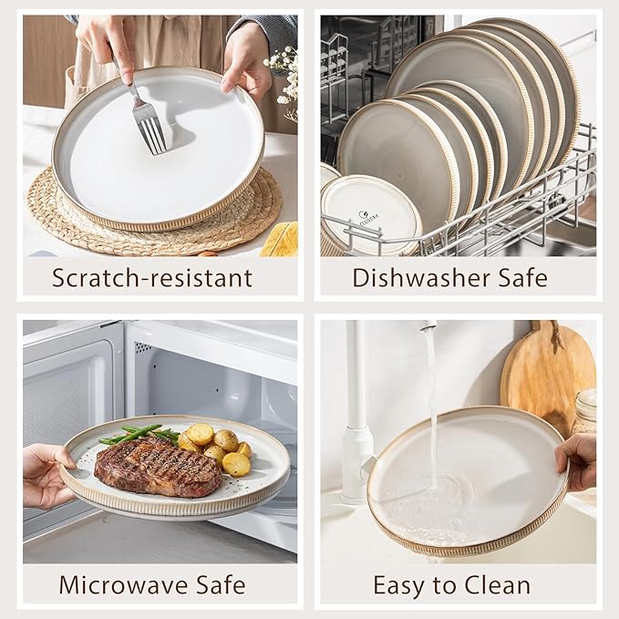 Ceramic Dinnerware Sets for 4-12 Piese Plates and Bowls Set Microwave and Dishwasher Safe Stoneware Ribbed Dishes and 22oz bowls Beige