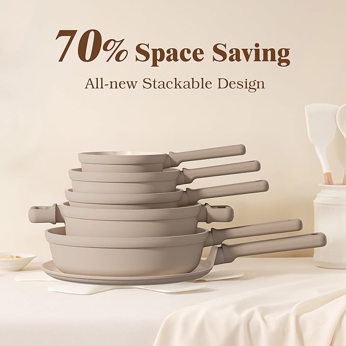 SENSARTE 20Pcs Pots and Pans Set Nonstick Ceramic Cookware Set Non Stick Non-toxic Healthy Kitchen Cooking Set Induction Compatible Dishwasher Safe PFAS/PTFE/PFOA Free TAUPE