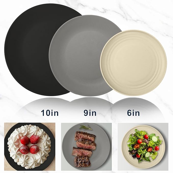 Wrova 40Pack plates and bowls sets for dinner - Unbreakable wheat straw dinnerware sets service for 8 - Alternative plastic 40pcs dish sets for campingpicnic and R.V. - (Black &amp Grey)