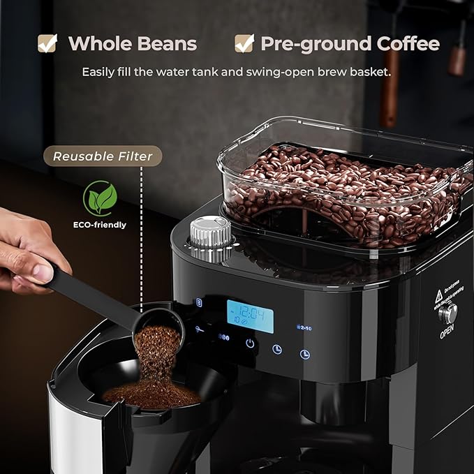 Drip Coffee Maker with Grinder Built In 10-Cup Grind and Brew Coffee Machine Fully Automatic Programmable with Brew Strength Permanent Filter Glass Carafe 50oz Water Tank Ideal for Home/Office