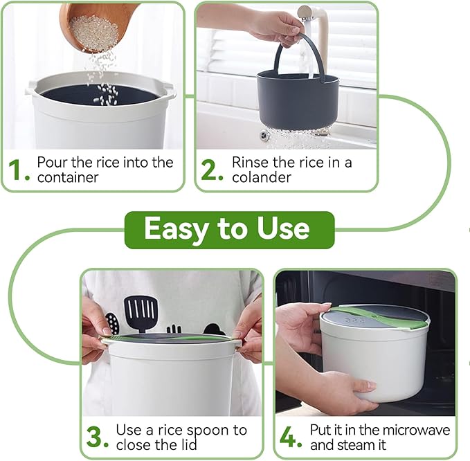 Microwave Rice Cooker Steamer 2L Microwave Rice Steamer Pasta Cooker with Strainer Non-stick Microwave Cookware Set for Rice Pasta Vegetables Quinoa Oatmeal