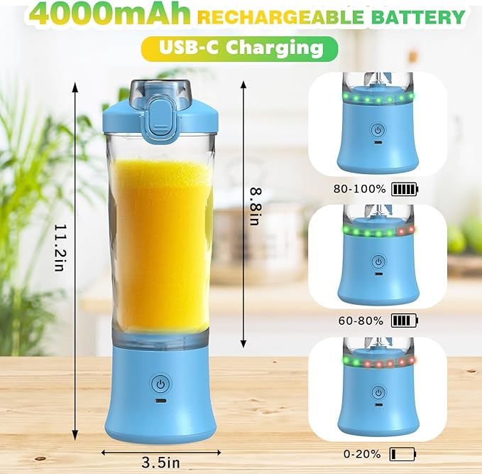 Portable Blender Personal Juicer for Shakes and Smoothies - 20 OZ Electric Protein Shaker Bottle with Insulated Sleeve Travel Lid USB-C Rechargeable - Mini Small Blender Cup for Kitchen Office Gym