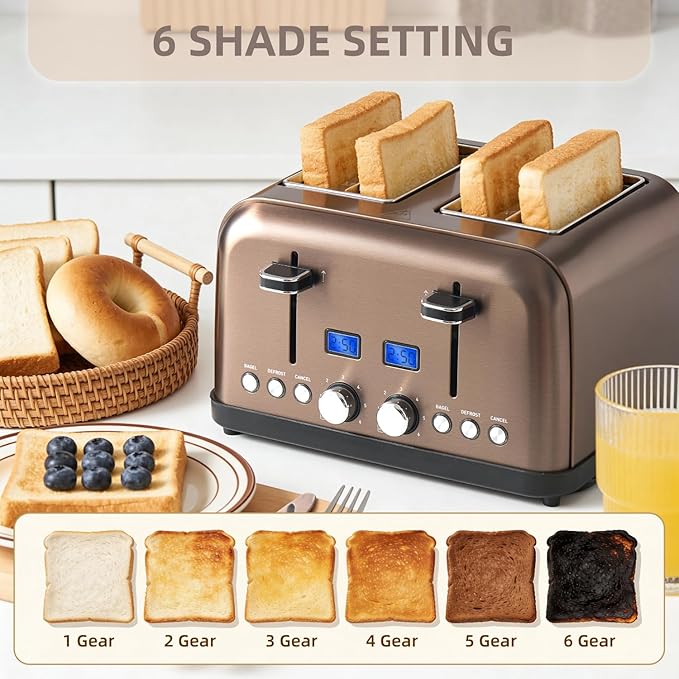 4-Slice Toaster with LCD Display Dual Control for Bagel 6 Shade Settings Extra Wide Slots Stainless Steel with High Lift Lever Removable Crumb Tray 1500W (Dark Metallic)