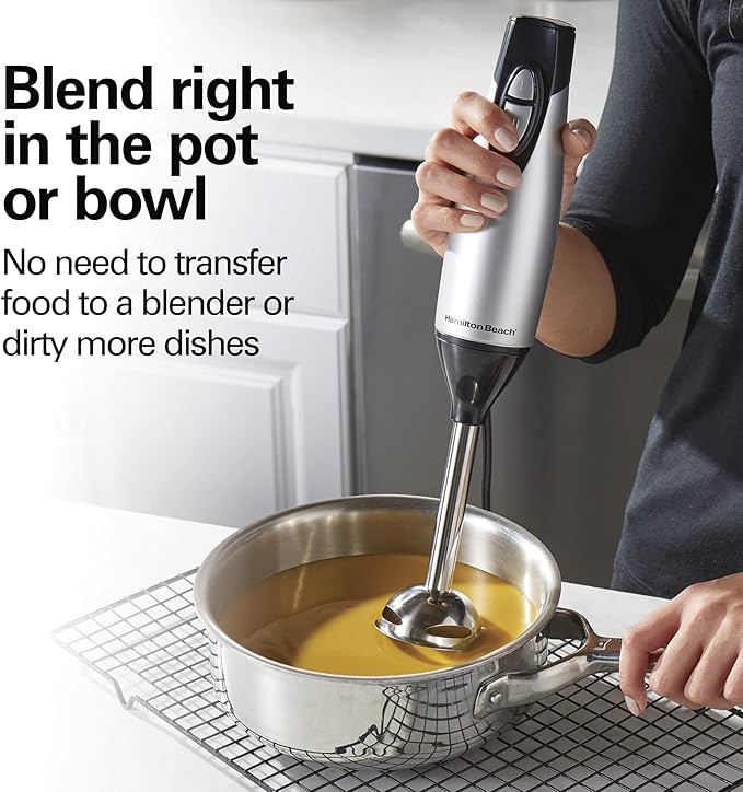 Hamilton Beach 4-in-1 Electric Immersion Hand Blender with Handheld Blending Stick Whisk + 3-Cup Food &amp Vegetable Chopper Bowl 2-Speeds 225 Watts Silver and Stainless Steel (59765)