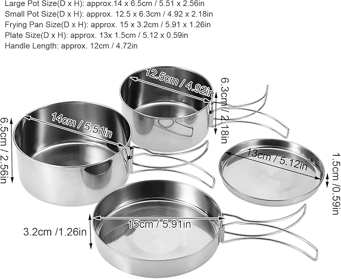 Camping Cooking Set Backpacking Camping Cookware Mess Kit 4Pcs Portable Stainless Steel Camping Picnic Outdoor Pan Pot Plate Tableware