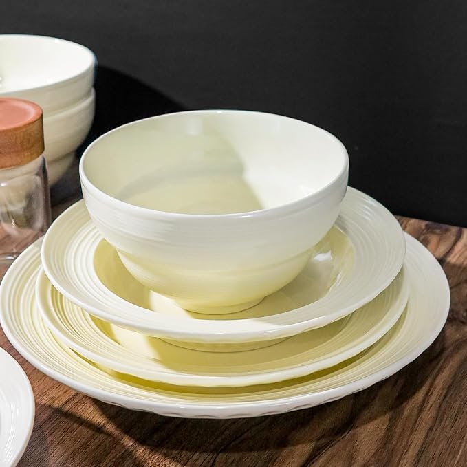 Dinnerware Set for 6 Modern Stoneware Dish Set 24-Piece Porcelain Plates and Bowls Set Ceramic Kitchen Dinner Set Service for 6 Microwave and Dishwasher Safe Lvory (24pcs lines)