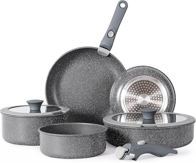 Non Stick Pot and Pan Set with Removable Handle Ceramic Cookware Set Detachable Handle Induction Kitchen Camping Stackable Pots Pans Dishwasher/Oven Safe Grey