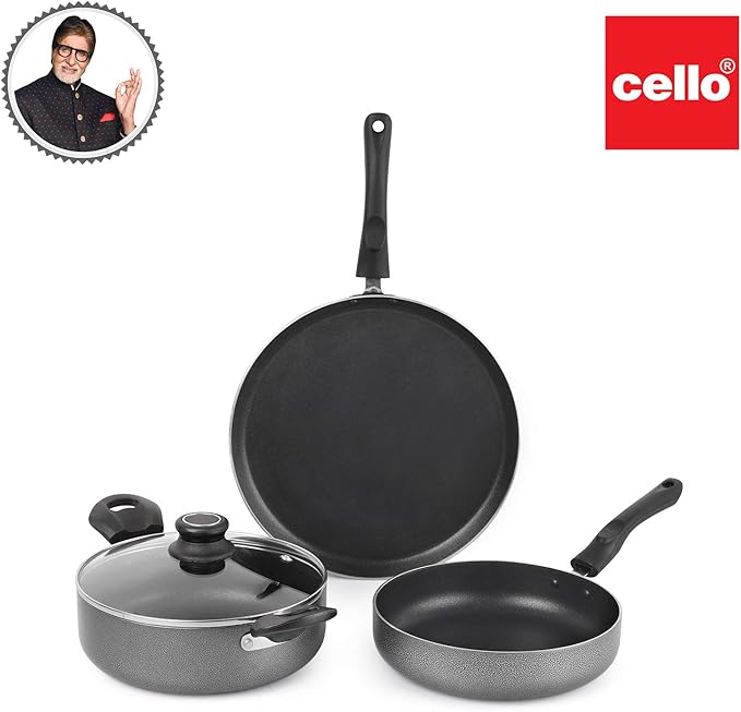Cello Prima 3-Piece Non-Stick Aluminium Cookware Set – Hammertone (28 cm Dosa Tawa 22 cm Kadai with Glass Lid 22 cm Fry Pan) | Induction Base PFOA-Free Sturdy Handles Ideal Gift Set