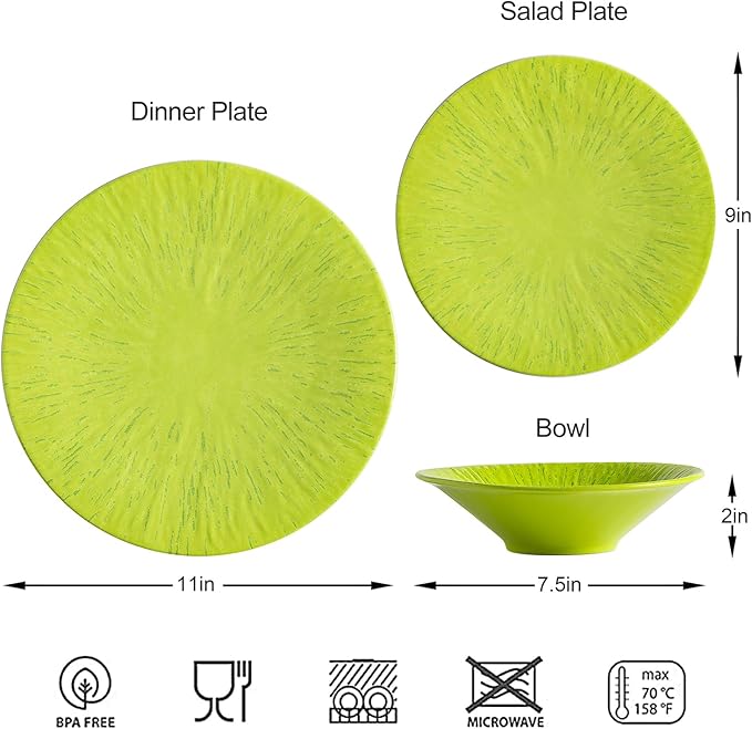 MissYIP 12 Pcs Melamine Dinnerware Set - Unbreakable Melamine Dish Set Setervice for 4Dishwasher Safe Melamine Plates and Bowls - Ideals for Party CampingIndoor and Outdoor Use(Light Green)
