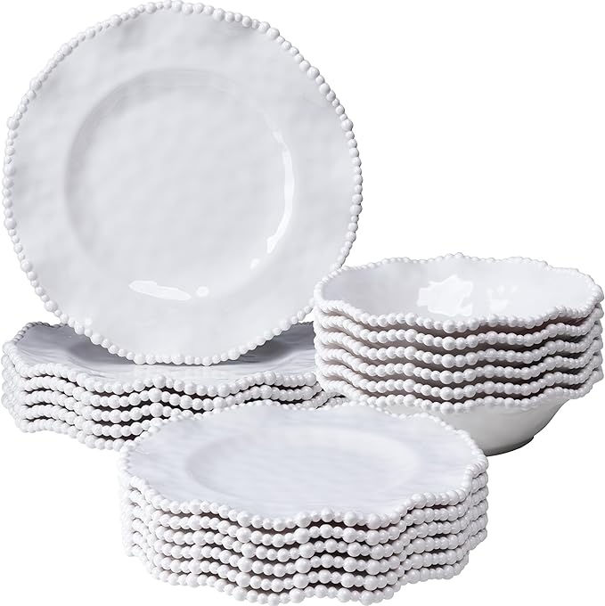 Creamy Beaded Melamine Dinnerware Sets Set of 618 piece Farmhouse Plates and Bowls Set Lightweight BPA-Free Scalloped Rim Dishes Dinner Serving Set for Indoor &amp Outdoor Use off-white