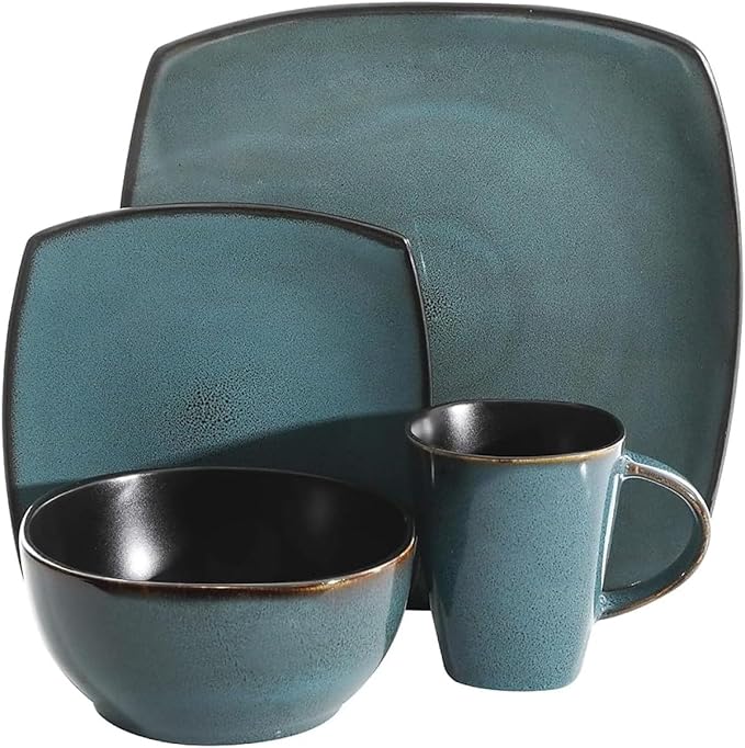 Title: 16-Piece Soft Square Stoneware Dinnerware Set – Teal Green and Black Dish Set Service for 4 Microwave &amp Dishwasher Safe