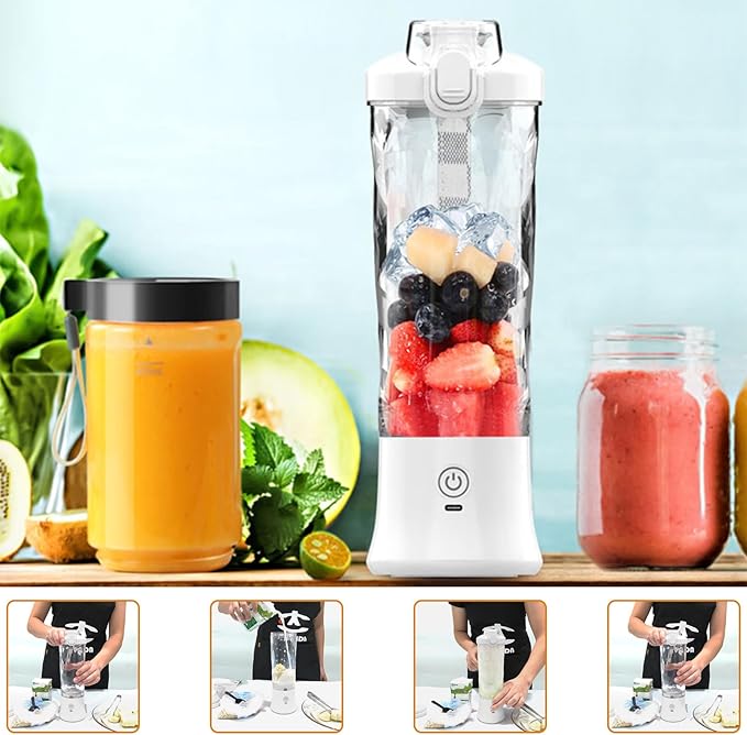 240W Portable Blender 20oz USB Rechargeable Travel Blender with LED Display Pulse &amp Modes IPX7 Waterproof BPA-Freejuice Ice Crushing for Shakes Smoothies Sports &amp Outdoor【White】