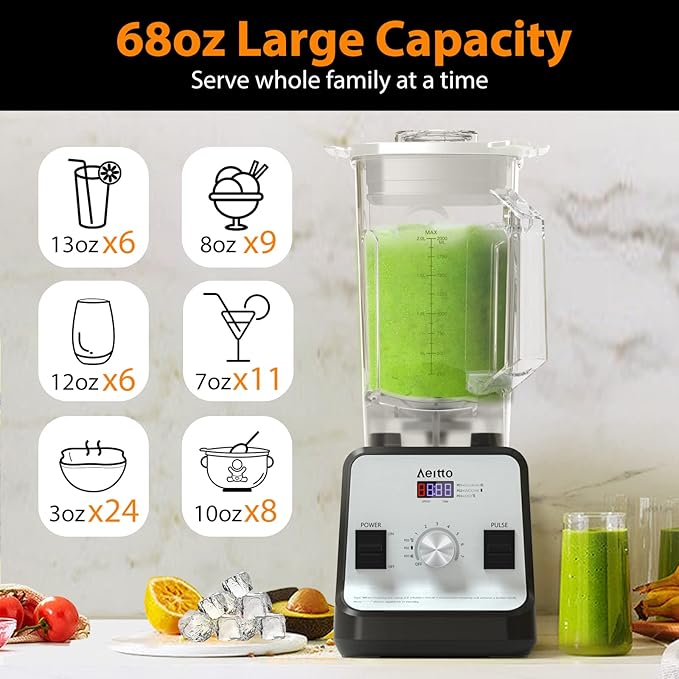 Aeitto Blender Blenders for Kitchen with 1500-Watt Motor 68 Oz Large Capacity Professional Countertop Blenders for Ice Crush Frozen Drinks Silver