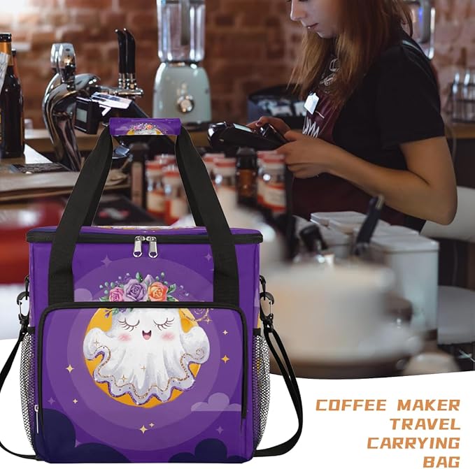 Halloween White Ghost Flower Coffee Maker Carring Bag Travel Carrying Storage Tote Bag Compatible with Keurig K-Mini or K-Mini Plus Portable Single Serve Coffee Brewer Case with Pockets