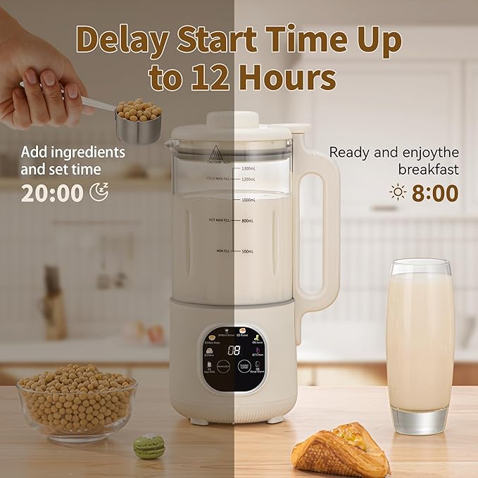 8 in 1 Nut Milk Maker Blender With 20 Bladers40oz Soy Almond Oat Coconut Plant Based and Non Dairy Beverages Automatic Soybean Machine With Delay Start/Keep Warm/Boil Water/Auto-clean