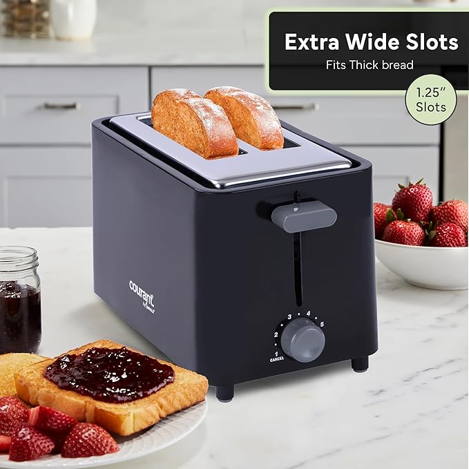 Courant 2-Slice Toaster Cool Touch with Extra Wide Slots For Bread Bagels &amp Waffle with 6 Adjustable Shade Settings Crumb Tray &amp Cancel Function Extra-Lift Feature compact Design - Black