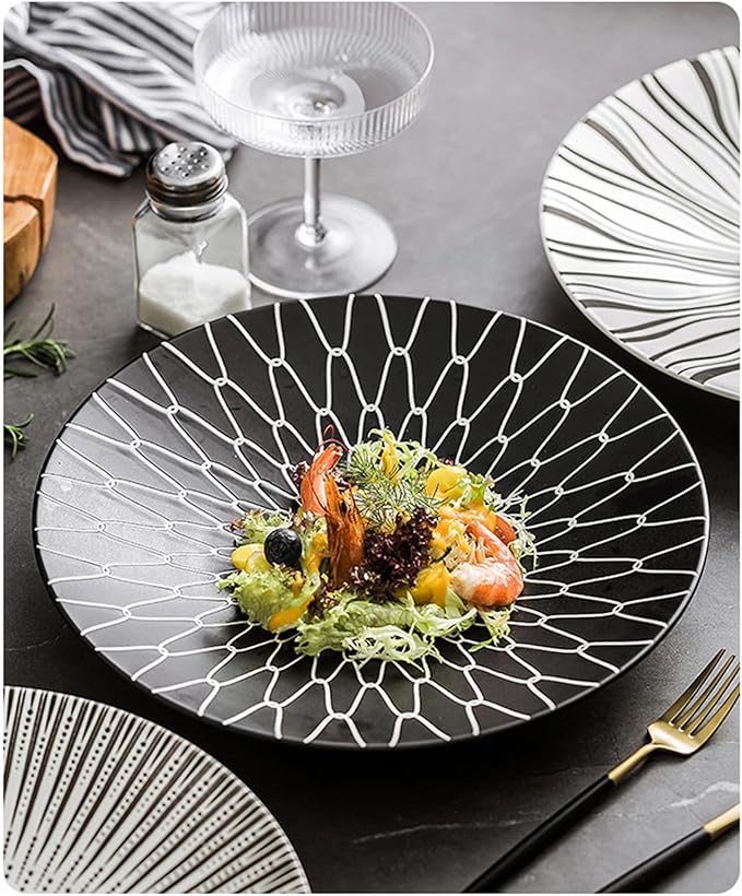 The Art of Lines Dinnerware Set service for 2Lightweight Round Plates Bone China Dinnerware SetsSteak Dinner Plates Dish Set (4Pcs) a beautiful gift LJW123