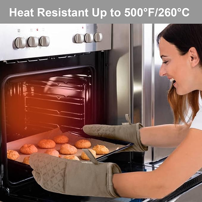 KEGOUU Oven Mitts and Pot Holders 6pcs Set Kitchen Oven Glove High Heat Resistant 500 Degree Extra Long Oven Mitts and Potholder with Non-Slip Silicone Surface for Cooking (Khaki)