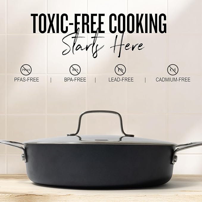 Alva Maestro 3.5-Qt Nonstick Ceramic Sauté Pan with Lid – Black | No PTFE PFOA or PFAS | Induction &amp Oven Safe | Even-Heating Easy-Clean Everyday Pan for Searing &amp One-Pan Meals