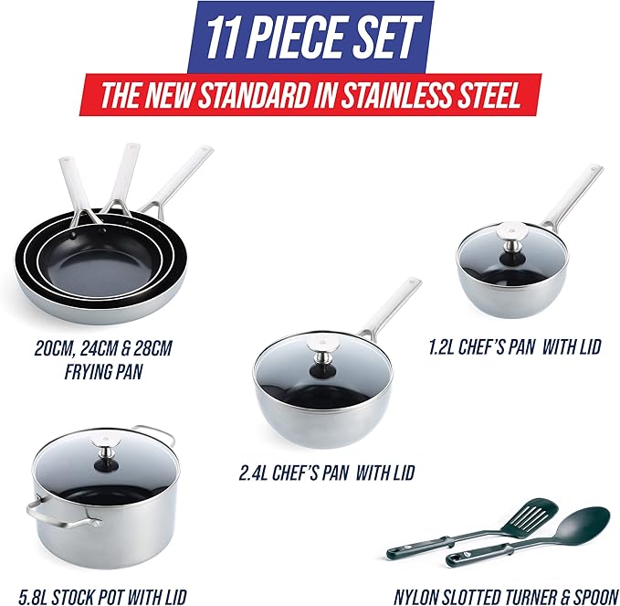Blue Diamond Triple Steel Ceramic Nonstick Cookware Set - 11 Pieces Silver