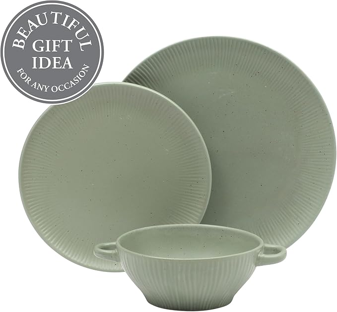 Gibson Elite Clover Hill 12-Piece Stoneware Dinnerware Set – Assorted Colors in Sage Green Charcoal Taupe &amp Cream – Embossed Reactive Glaze Plates &amp Bowls Microwave &amp Dishwasher Safe S