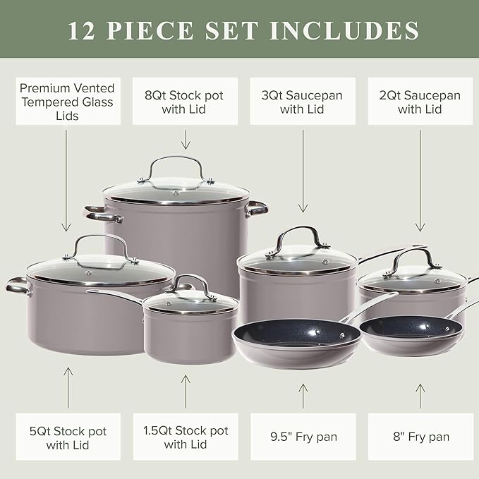 Nuwave Healthy Duralon Blue Ceramic Nonstick Cookware Set Diamond Infused Scratch-Resistant PFAS Free Dishwasher &amp Oven Safe Induction Ready &amp Evenly Heats Tempered Glass Lids &amp Stay-