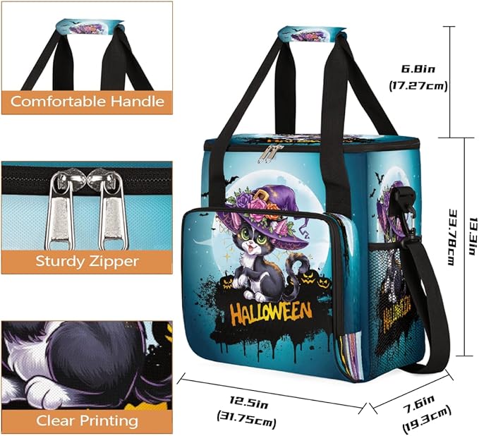 Halloween Flower Cat Moon Coffee Maker Carring Bag Travel Carrying Storage Tote Bag Compatible with Keurig K-Mini or K-Mini Plus Portable Single Serve Coffee Brewer Case with Pockets for K-cup Pods