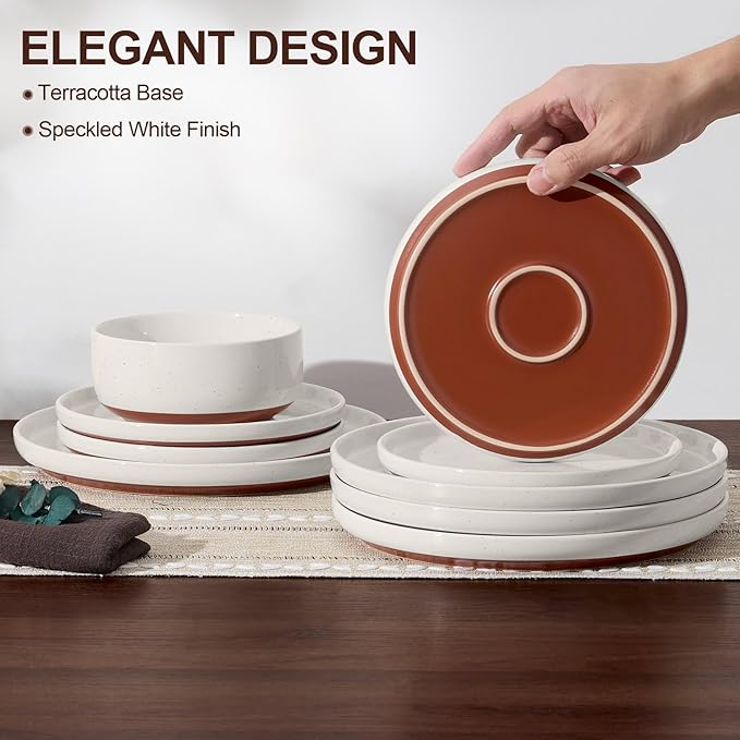 E-far 18-Piece Stoneware Dinnerware Sets Plates and Bowls Sets for 6 Ceramic Dishware Dishes Set with Terracotta Base Chip &amp Scratch Resistant Microwave &amp Dishwasher Safe Speckled White