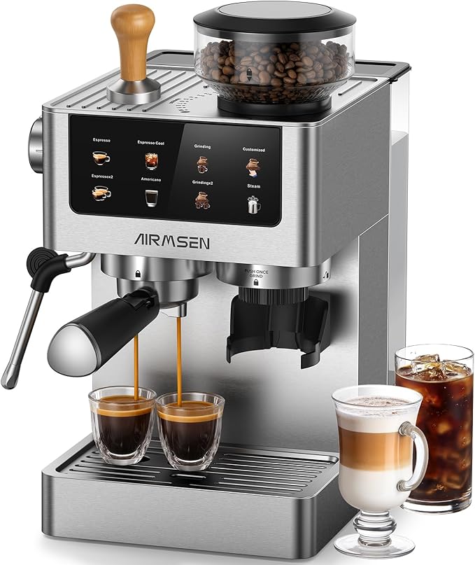 AIRMSEN Espresso Machines with Burr Grinder 20 Bar Milk Frother Steam Wand Stainless Steel Coffee Maker for Home - Cappuccino Latte &amp Cold Brew Iced Coffee Maker &amp Americano