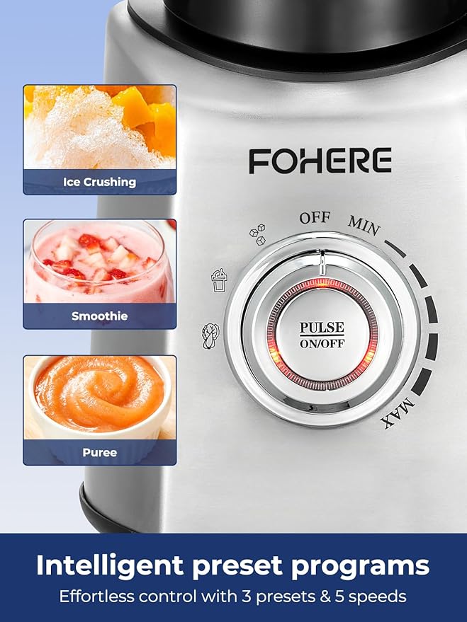 FOHERE Professional Blender Peak 1300W Countertop Blender with 3 Presets＆ 5 Speeds for Smoothies Shakes and Frozen Drinks 50 Oz Glass Jar ＆20 Oz Tritan Jug