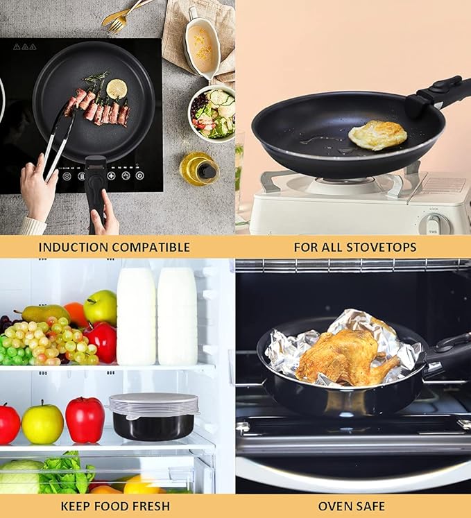 16 Pieces Kitchen Removable Handle Cookware Sets Stackable Pots and Pans Set Nonstick for Induction Gas RVs Camping Space Saving