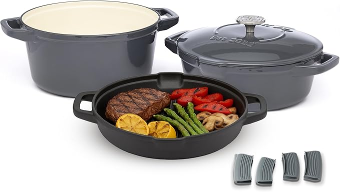 NATIVO 5 pc Stackable Cast Iron Cookware Set Versatile Enamel Dutch Oven Seasoned Grill Pan &amp Enamel Braiser with Precision Pour Spouts Universal Lid Included Spacers/Handle Holders Stormy Gr