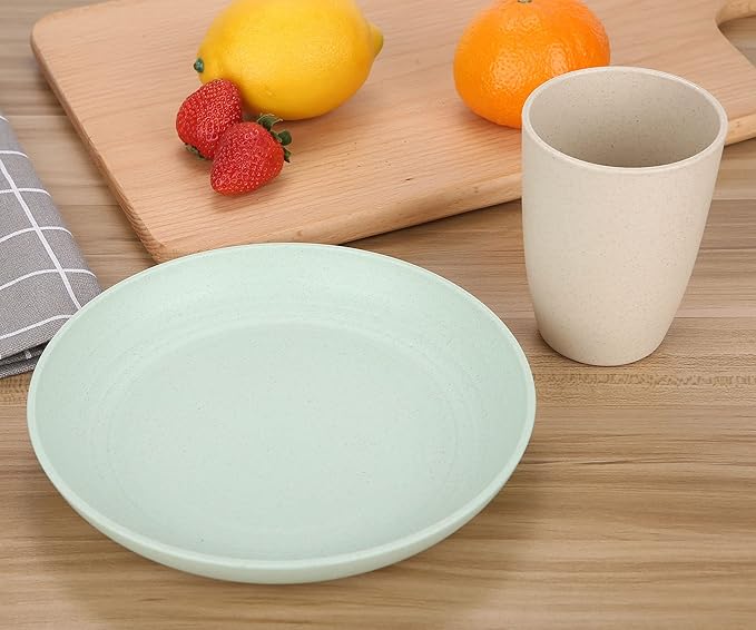 LuckyZone Wheat Straw Dinnerware Sets for 4 (Reusable Plates Bowls &amp Cups) - Lightweight Unbreakable Dinner Camping Dishes - Dishwasher &amp Microwave Safe Eco Friendly(12Pcs/4Color)