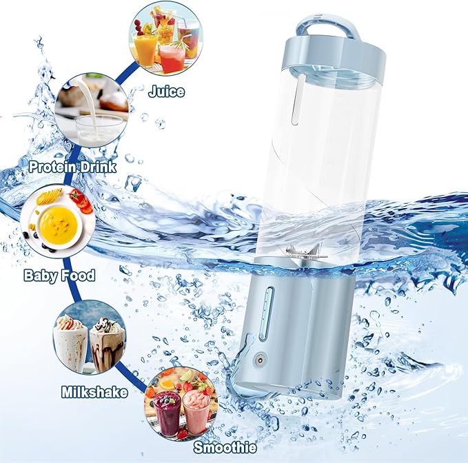Portable Personal Blender for Fresh Juice Shakes and Smoothies - 16 Oz Mini Small Blender Bottle Cup with 6 Blades USB Rechargeable BPA Free for Kitchen Travel Office Gym