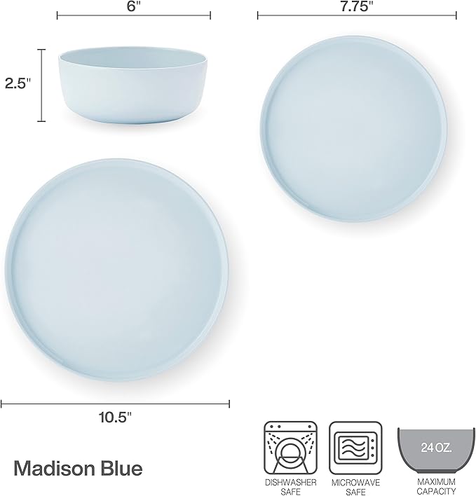 Mikasa Madison Misty Blue Bone China Dinnerware Set 12-Piece Service for 4 Includes Dinner Plates Salad Plates and Cereal Bowls Dishwasher Safe