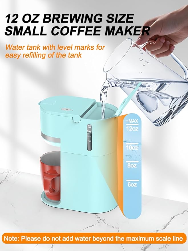 Single Serve Coffee Maker for K-Cup and Ground Coffee Fast Brew 6-12 oz Brew Sizes One Cup Coffee Machine Fits 5.5 Mugs One-Button Small Coffee Maker with Descaling Reminder Light Blue